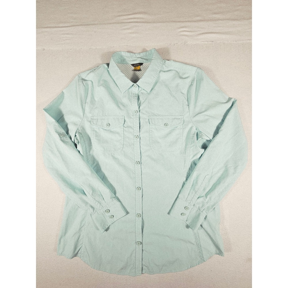 Eddie Bauer Womens Mint Green Button Up Hiking Shirt Roll Tab Sleeve Large SS15